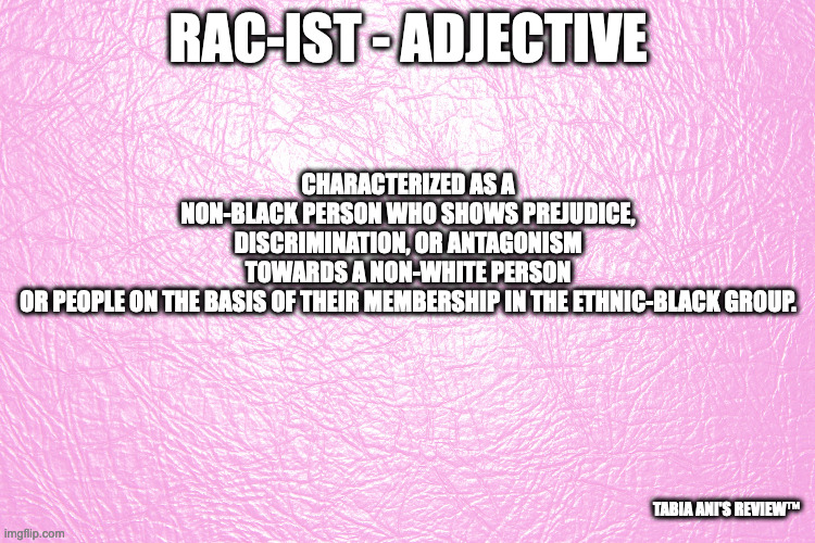 Racism | CHARACTERIZED AS A NON-BLACK PERSON WHO SHOWS PREJUDICE, DISCRIMINATION, OR ANTAGONISM TOWARDS A NON-WHITE PERSON OR PEOPLE ON THE BASIS OF THEIR MEMBERSHIP IN THE ETHNIC-BLACK GROUP. RAC-IST - ADJECTIVE; TABIA ANI'S REVIEW™ | image tagged in anti-semite and a racist | made w/ Imgflip meme maker