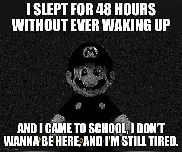 48 hours isn't enough. Good thing summer's coming up | I SLEPT FOR 48 HOURS WITHOUT EVER WAKING UP; AND I CAME TO SCHOOL, I DON'T WANNA BE HERE, AND I'M STILL TIRED. | image tagged in mario has lost his will to live | made w/ Imgflip meme maker