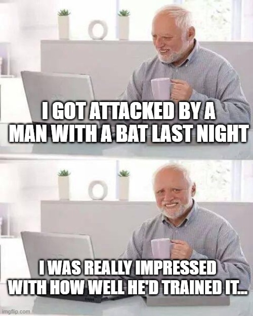 Hide the Pain Harold | I GOT ATTACKED BY A MAN WITH A BAT LAST NIGHT; I WAS REALLY IMPRESSED WITH HOW WELL HE'D TRAINED IT... | image tagged in memes,hide the pain harold | made w/ Imgflip meme maker