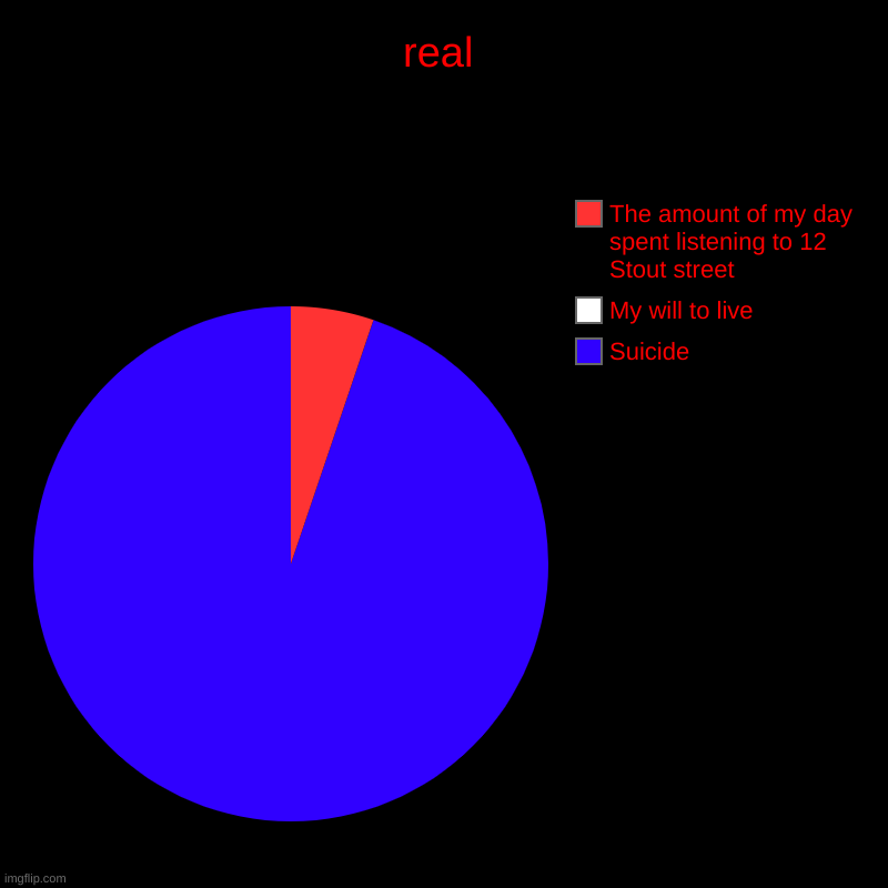 real (real) realest really real | real | Suicide, My will to live, The amount of my day spent listening to 12 Stout street | image tagged in charts,pie charts | made w/ Imgflip chart maker