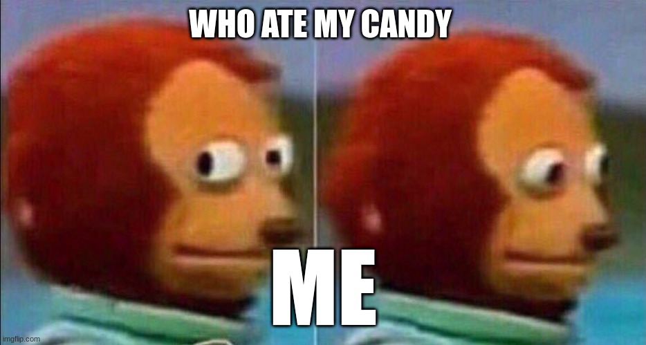 Candy's Missing | WHO ATE MY CANDY; ME | image tagged in monkey looking away | made w/ Imgflip meme maker