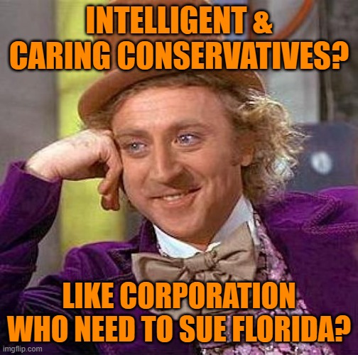 Creepy Condescending Wonka Meme | INTELLIGENT & CARING CONSERVATIVES? LIKE CORPORATION WHO NEED TO SUE FLORIDA? | image tagged in memes,creepy condescending wonka | made w/ Imgflip meme maker