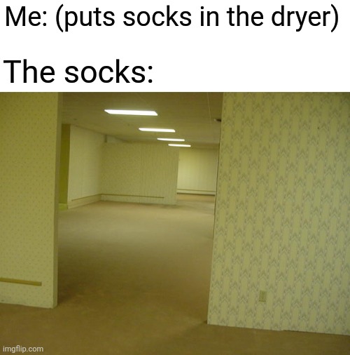 Everytime I do laundry | Me: (puts socks in the dryer); The socks: | image tagged in the backrooms,socks,funny,relatable,funny memes | made w/ Imgflip meme maker