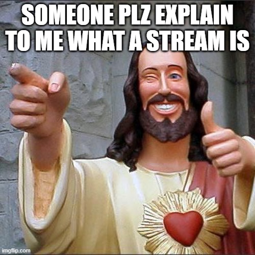 please i am very lost | SOMEONE PLZ EXPLAIN TO ME WHAT A STREAM IS | image tagged in memes,buddy christ | made w/ Imgflip meme maker