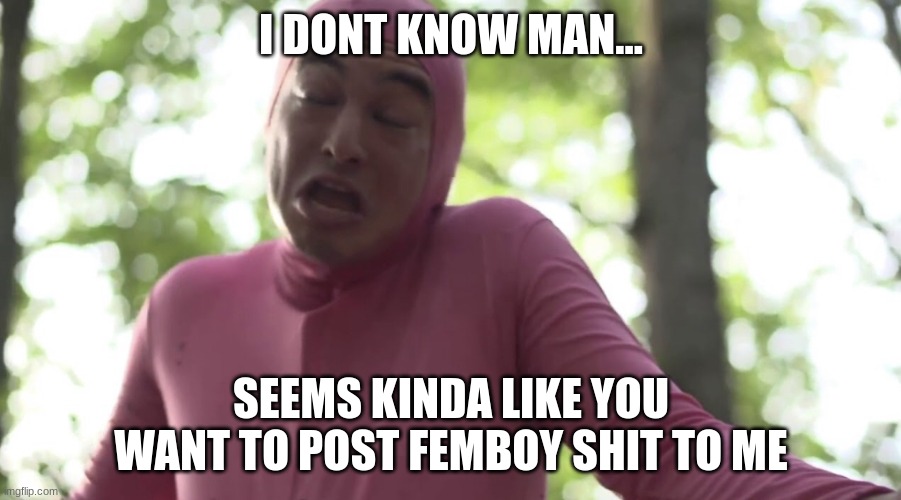 I don’t know man seems kinda gay to me | I DONT KNOW MAN... SEEMS KINDA LIKE YOU WANT TO POST FEMBOY SHIT TO ME | image tagged in i don t know man seems kinda gay to me | made w/ Imgflip meme maker