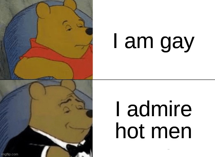 I am not actually gay I think | I am gay; I admire hot men | image tagged in memes,tuxedo winnie the pooh,funny memes | made w/ Imgflip meme maker