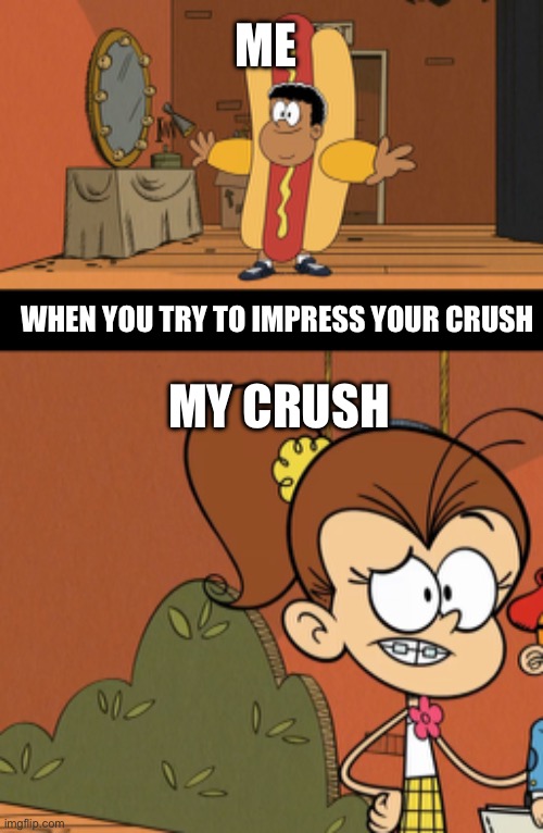 ME; WHEN YOU TRY TO IMPRESS YOUR CRUSH; MY CRUSH | image tagged in the loud house,nickelodeon,luan unimpressed,crush,worried | made w/ Imgflip meme maker