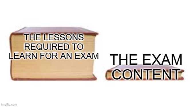 why skool | THE LESSONS REQUIRED TO LEARN FOR AN EXAM; THE EXAM CONTENT | image tagged in big book small book | made w/ Imgflip meme maker