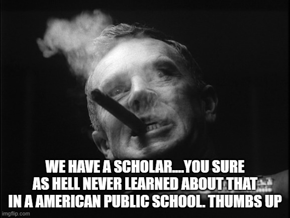 General Ripper (Dr. Strangelove) | WE HAVE A SCHOLAR....YOU SURE AS HELL NEVER LEARNED ABOUT THAT IN A AMERICAN PUBLIC SCHOOL. THUMBS UP | image tagged in general ripper dr strangelove | made w/ Imgflip meme maker