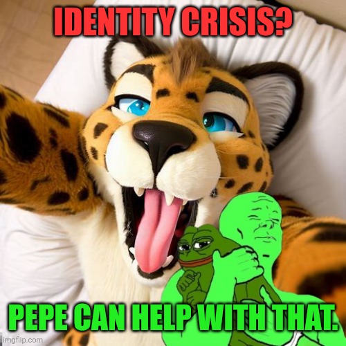 Identity crisis | IDENTITY CRISIS? PEPE CAN HELP WITH THAT. | image tagged in furry,the furry fandom,crypto,pepe the frog,gender identity | made w/ Imgflip meme maker