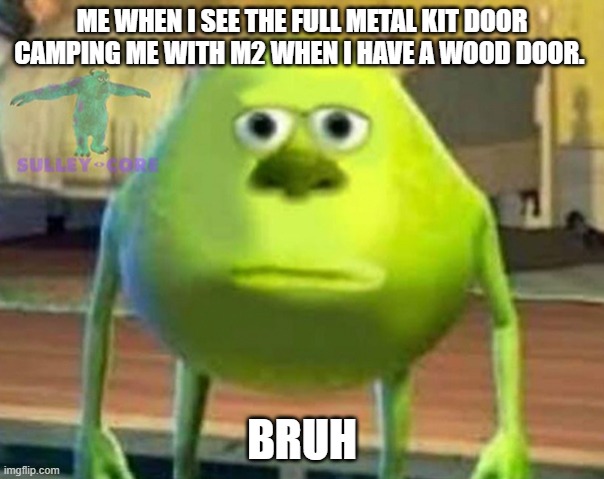 Monsters Inc | ME WHEN I SEE THE FULL METAL KIT DOOR CAMPING ME WITH M2 WHEN I HAVE A WOOD DOOR. BRUH | image tagged in monsters inc,rust,bruh moment | made w/ Imgflip meme maker