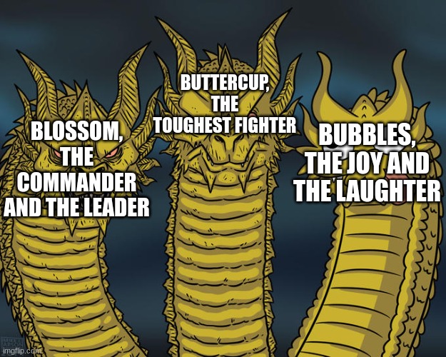 Three headed 'Zilla | BUTTERCUP, THE TOUGHEST FIGHTER; BUBBLES, THE JOY AND THE LAUGHTER; BLOSSOM, THE COMMANDER AND THE LEADER | image tagged in three headed 'zilla,powerpuff girls | made w/ Imgflip meme maker