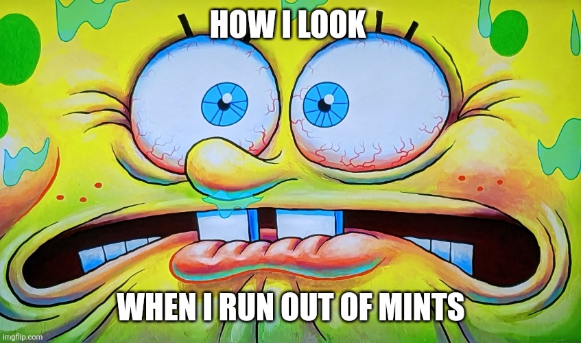 I'm outta mints!!!! NoooOOoooooOOoooooooooooOooooooOoOooOooooOooOoooooo!!!!!!!!! | HOW I LOOK; WHEN I RUN OUT OF MINTS | image tagged in terrified spongebob | made w/ Imgflip meme maker