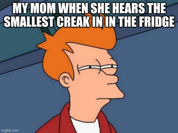 Futurama Fry | MY MOM WHEN SHE HEARS THE SMALLEST CREAK IN IN THE FRIDGE | image tagged in memes,futurama fry | made w/ Imgflip meme maker
