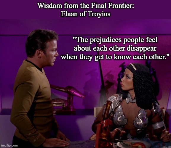 Wisdom from the Final Frontier: Elaan of Troyius | Wisdom from the Final Frontier:
Elaan of Troyius; "The prejudices people feel about each other disappear when they get to know each other." | image tagged in star trek,words of wisdom,memes,prejudice | made w/ Imgflip meme maker