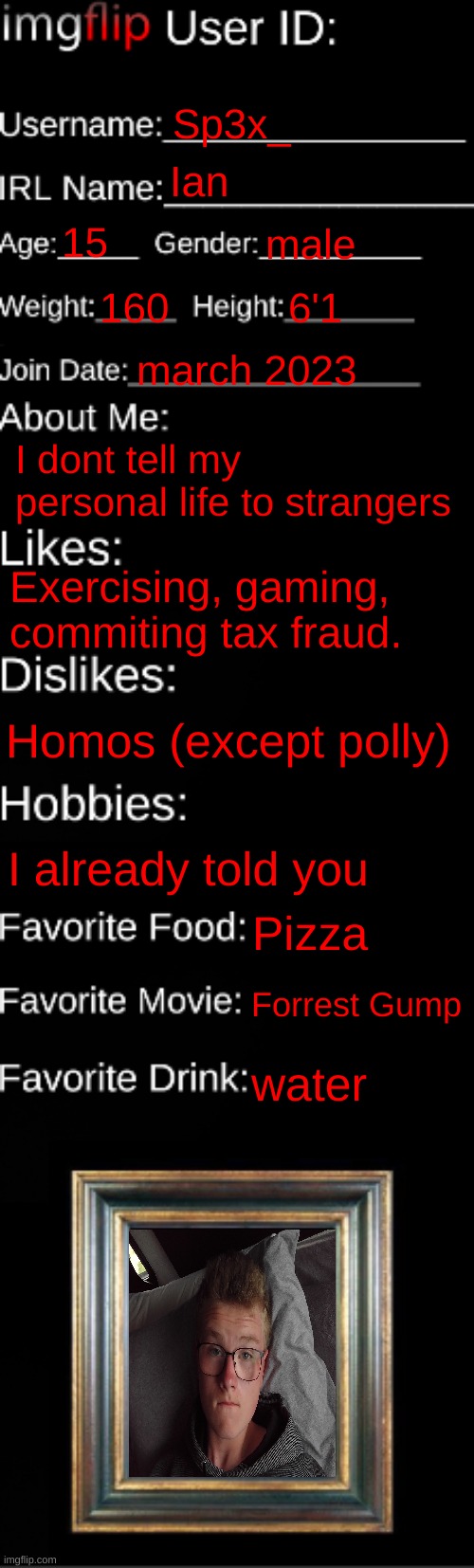 I did my face reveal because why not | Sp3x_; Ian; 15; male; 160; 6'1; march 2023; I dont tell my personal life to strangers; Exercising, gaming, commiting tax fraud. Homos (except polly); I already told you; Pizza; Forrest Gump; water | image tagged in imgflip id card | made w/ Imgflip meme maker