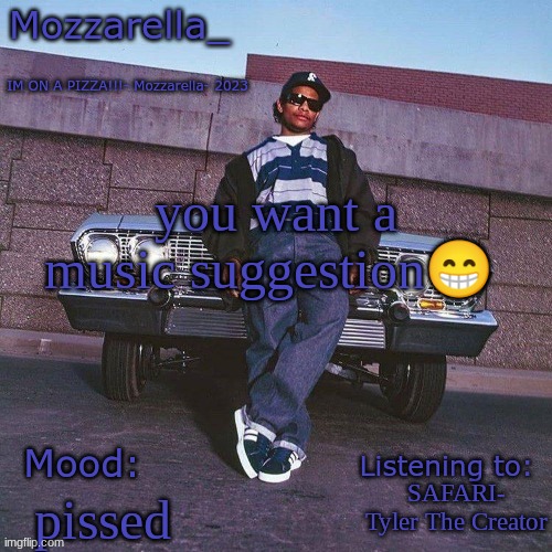 Eazy-E Temp | you want a music suggestion😁; SAFARI- Tyler The Creator; pissed | image tagged in eazy-e temp | made w/ Imgflip meme maker