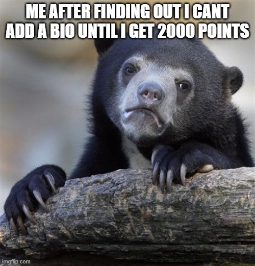 like why imgflip why | ME AFTER FINDING OUT I CANT ADD A BIO UNTIL I GET 2000 POINTS | image tagged in memes,confession bear | made w/ Imgflip meme maker