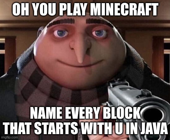 ... | OH YOU PLAY MINECRAFT; NAME EVERY BLOCK THAT STARTS WITH U IN JAVA | image tagged in gru gun | made w/ Imgflip meme maker