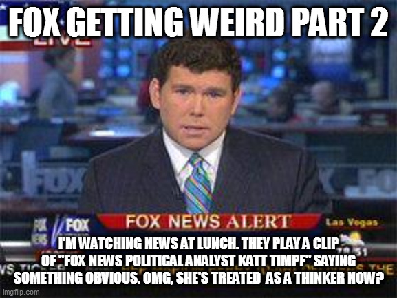 Fox news alert | FOX GETTING WEIRD PART 2; I'M WATCHING NEWS AT LUNCH. THEY PLAY A CLIP OF "FOX NEWS POLITICAL ANALYST KATT TIMPF" SAYING SOMETHING OBVIOUS. OMG, SHE'S TREATED  AS A THINKER NOW? | image tagged in fox news alert | made w/ Imgflip meme maker