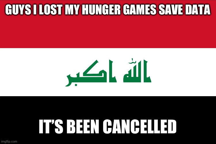 Spend hours on it just for it to self destruct ?? | GUYS I LOST MY HUNGER GAMES SAVE DATA; IT’S BEEN CANCELLED | image tagged in flag of iraq | made w/ Imgflip meme maker