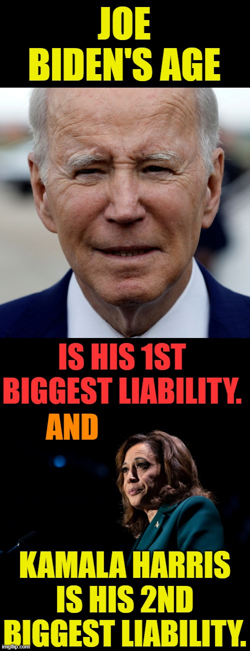 What Is Joe Biden Really Running Against In The 2024 Election? | JOE BIDEN'S AGE; IS HIS 1ST BIGGEST LIABILITY. AND; KAMALA HARRIS IS HIS 2ND BIGGEST LIABILITY. | image tagged in memes,politics,joe biden,negative,old,kamala harris | made w/ Imgflip meme maker