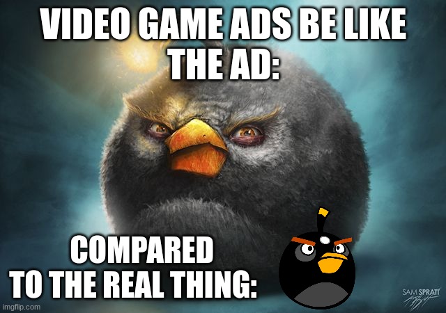 angry birds bomb | VIDEO GAME ADS BE LIKE
THE AD:; COMPARED TO THE REAL THING: | image tagged in angry birds bomb | made w/ Imgflip meme maker