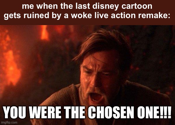 fr | me when the last disney cartoon gets ruined by a woke live action remake:; YOU WERE THE CHOSEN ONE!!! | image tagged in memes,you were the chosen one star wars | made w/ Imgflip meme maker