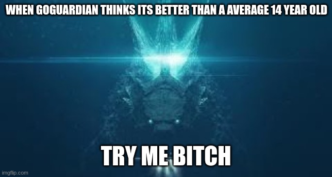 Godzilla try me bitch | WHEN GOGUARDIAN THINKS ITS BETTER THAN A AVERAGE 14 YEAR OLD | image tagged in godzilla try me bitch | made w/ Imgflip meme maker