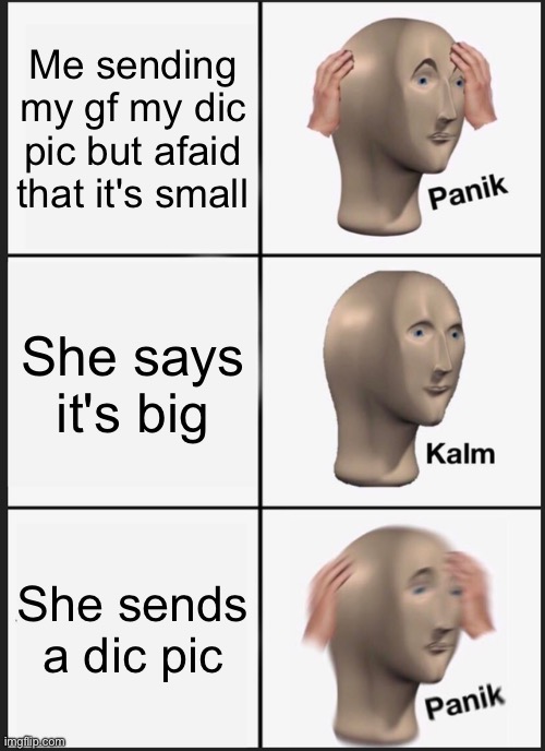 Panik Kalm Panik Meme | Me sending my gf my dic pic but afaid that it's small; She says it's big; She sends a dic pic | image tagged in memes,panik kalm panik | made w/ Imgflip meme maker