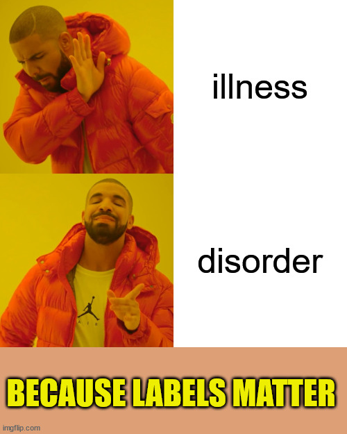 Drake Hotline Bling Meme | illness disorder BECAUSE LABELS MATTER | image tagged in memes,drake hotline bling | made w/ Imgflip meme maker