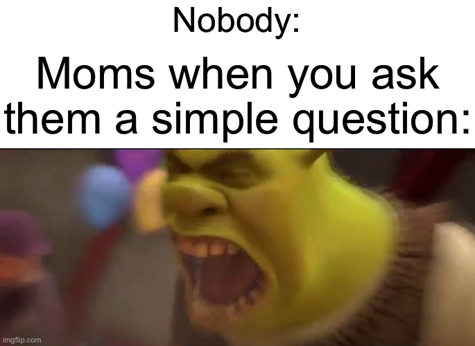 I love my mom but come on I know I’m not the only one | Nobody:; Moms when you ask them a simple question: | image tagged in shrek screaming,memes,funny,relatable memes | made w/ Imgflip meme maker