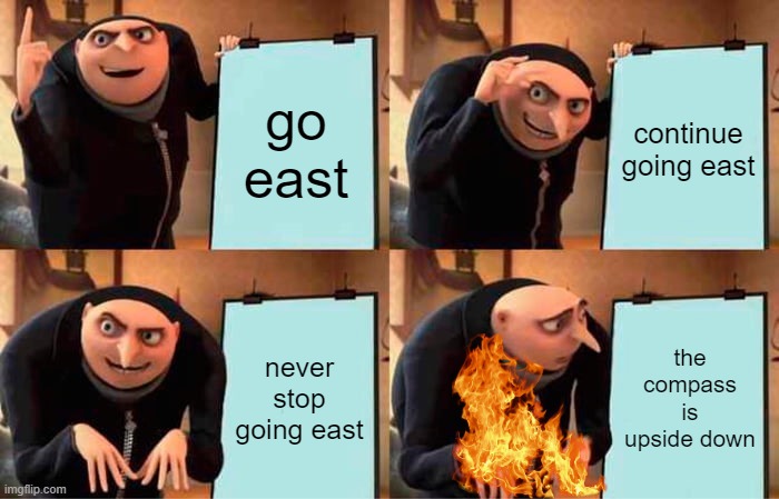 Gru's Plan | go east; continue going east; never stop going east; the compass is upside down | image tagged in memes,gru's plan | made w/ Imgflip meme maker