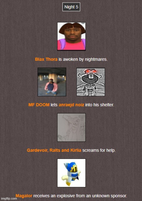 Yeah, nobody's dead...yet. (Night 5 Pt. 1) | image tagged in hunger games | made w/ Imgflip meme maker