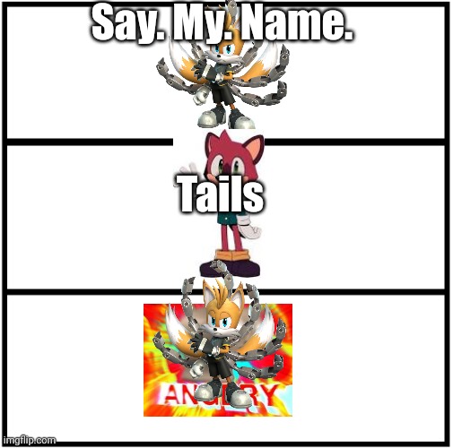 Blank Comic Panel 1x3 | Say. My. Name. Tails | image tagged in blank comic panel 1x3 | made w/ Imgflip meme maker