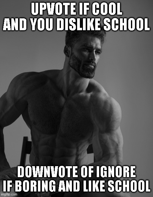 Giga Chad | UPVOTE IF COOL AND YOU DISLIKE SCHOOL; DOWNVOTE OF IGNORE IF BORING AND LIKE SCHOOL | image tagged in giga chad | made w/ Imgflip meme maker
