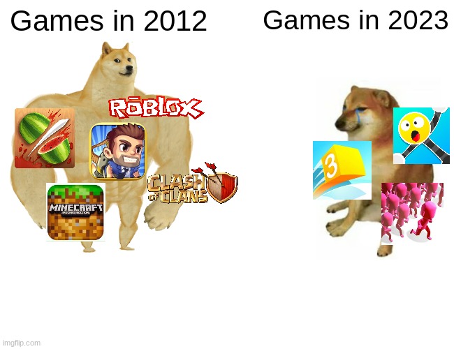 Buff Doge vs. Cheems | Games in 2012; Games in 2023 | image tagged in memes,buff doge vs cheems | made w/ Imgflip meme maker