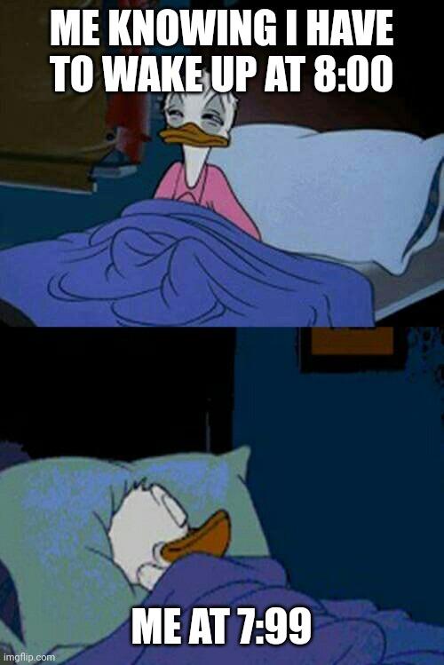 sleepy donald duck in bed | ME KNOWING I HAVE TO WAKE UP AT 8:00; ME AT 7:99 | image tagged in sleepy donald duck in bed | made w/ Imgflip meme maker