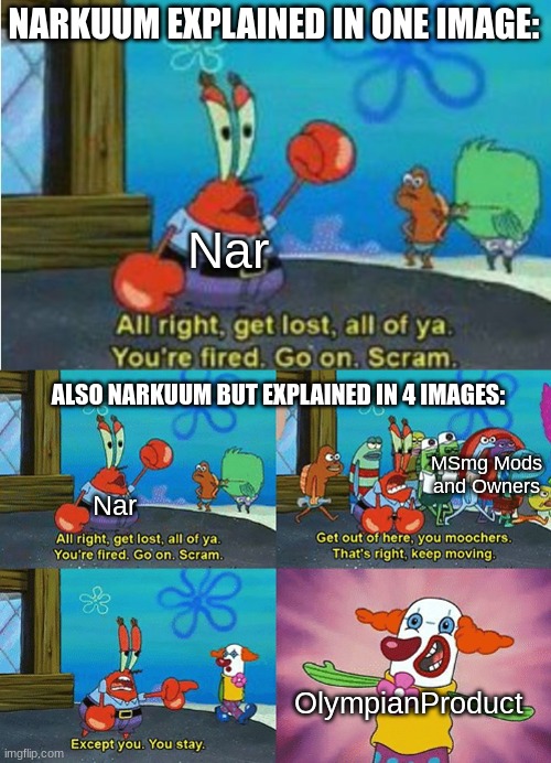 Fixed | NARKUUM EXPLAINED IN ONE IMAGE:; Nar; ALSO NARKUUM BUT EXPLAINED IN 4 IMAGES:; MSmg Mods and Owners; Nar; OlympianProduct | image tagged in mr krabs you're fired,get lost all of ya | made w/ Imgflip meme maker