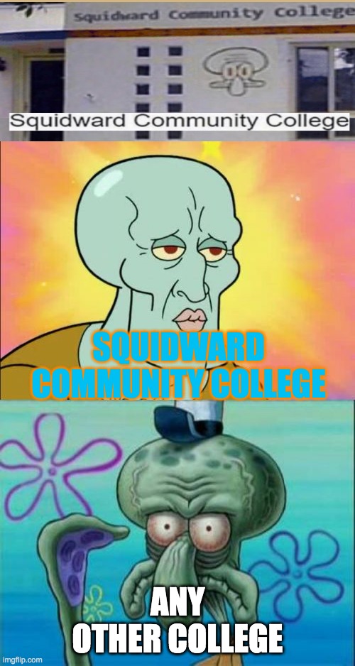Yes, this exists | SQUIDWARD COMMUNITY COLLEGE; ANY OTHER COLLEGE | image tagged in memes,squidward,so true memes,spongebob | made w/ Imgflip meme maker