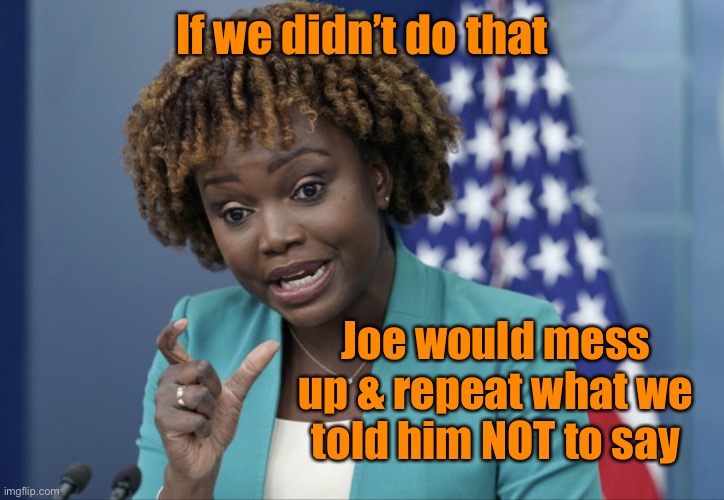 Press Secretary Karine Jean-Pierre | If we didn’t do that Joe would mess up & repeat what we told him NOT to say | image tagged in press secretary karine jean-pierre | made w/ Imgflip meme maker