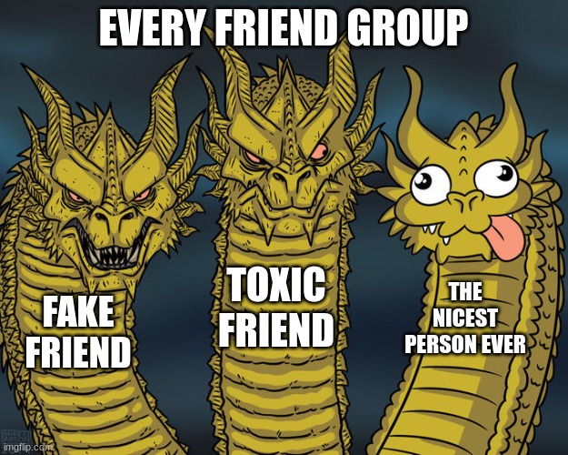 Three-headed Dragon | EVERY FRIEND GROUP; TOXIC FRIEND; THE NICEST PERSON EVER; FAKE FRIEND | image tagged in three-headed dragon | made w/ Imgflip meme maker