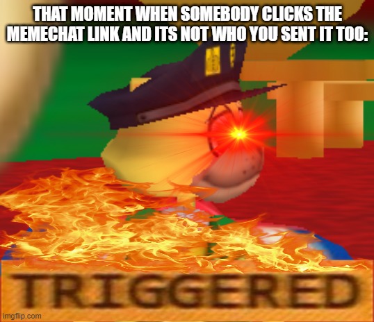 memechat | THAT MOMENT WHEN SOMEBODY CLICKS THE MEMECHAT LINK AND ITS NOT WHO YOU SENT IT TOO: | image tagged in memes,triggered,fard,memechat | made w/ Imgflip meme maker