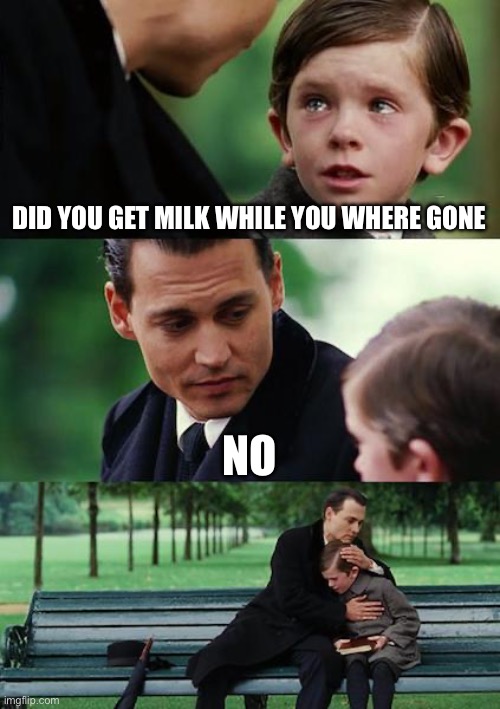 wow | DID YOU GET MILK WHILE YOU WHERE GONE; NO | image tagged in memes,finding neverland | made w/ Imgflip meme maker