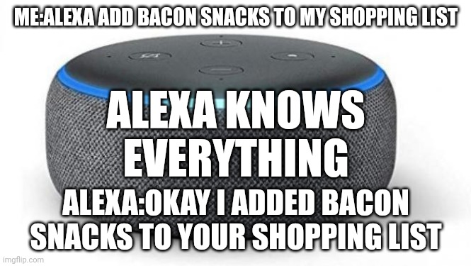 ALEXA IS INSANE!!!!! ? | ALEXA KNOWS EVERYTHING; ME:ALEXA ADD BACON SNACKS TO MY SHOPPING LIST; ALEXA:OKAY I ADDED BACON SNACKS TO YOUR SHOPPING LIST | image tagged in alexa,amazon echo | made w/ Imgflip meme maker