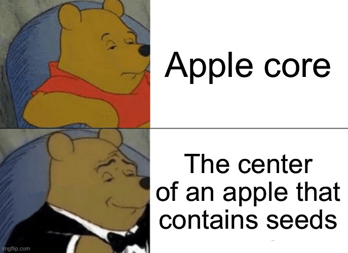 Tuxedo Winnie The Pooh Meme | Apple core; The center of an apple that contains seeds | image tagged in memes,tuxedo winnie the pooh | made w/ Imgflip meme maker