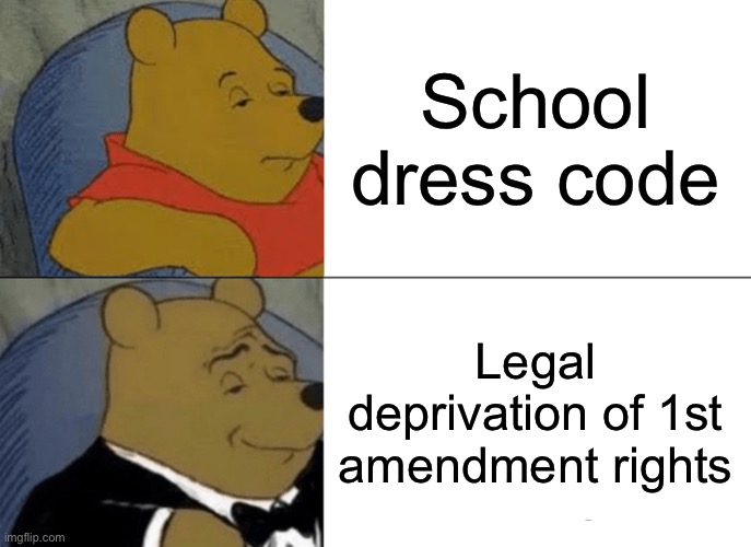 Tuxedo Winnie The Pooh Meme | School dress code; Legal deprivation of 1st amendment rights | image tagged in memes,tuxedo winnie the pooh | made w/ Imgflip meme maker
