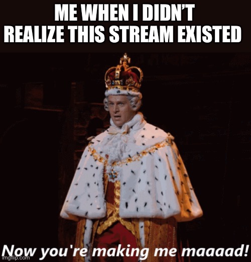 Now you're making me mad (Hamilton) | ME WHEN I DIDN’T REALIZE THIS STREAM EXISTED | image tagged in now you're making me mad hamilton | made w/ Imgflip meme maker