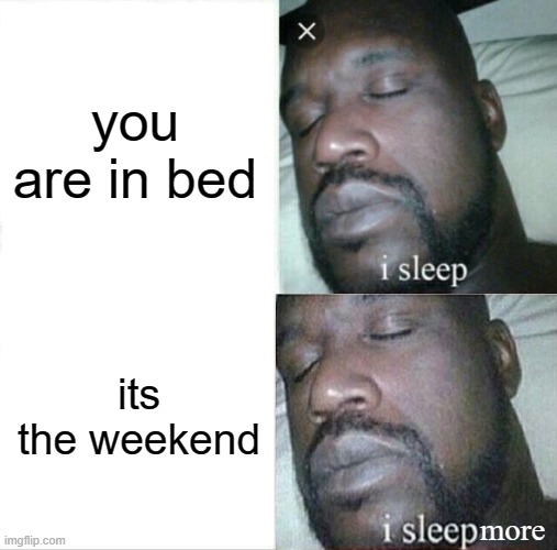 Sleeping Shaq | you are in bed; its the weekend; more | image tagged in memes,sleeping shaq | made w/ Imgflip meme maker