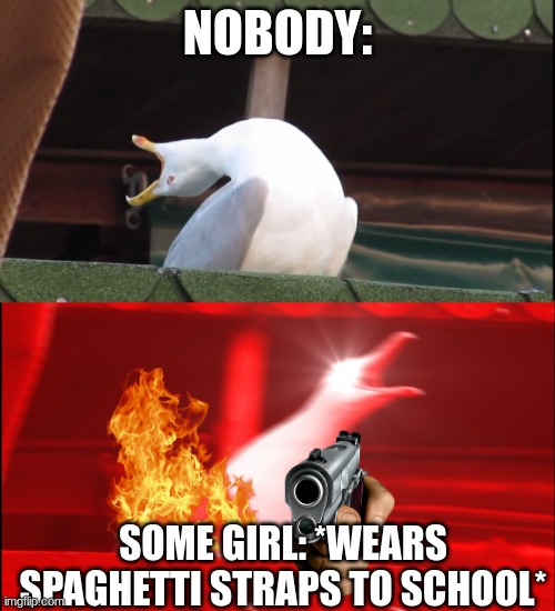 School dress codes be like: | NOBODY:; SOME GIRL: *WEARS SPAGHETTI STRAPS TO SCHOOL* | image tagged in screaming bird,dress code | made w/ Imgflip meme maker